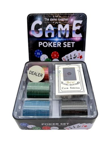 Póker játékszett fémdobozban, 80 db zseton + kártya, 72686