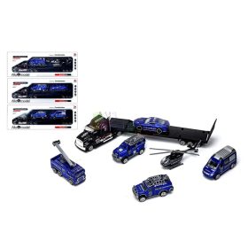   Rendőrös járműszállító fém kamion játékszett dobozban - 90668