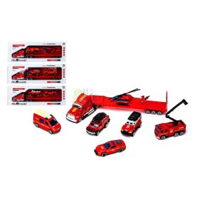   Tűzoltóautó járműszállító fém kamion játékszett dobozban - 90669